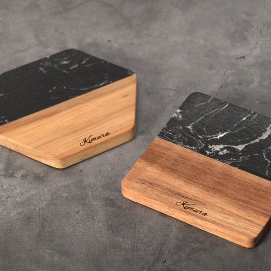 大理石と高品質な木がコラボしたおしゃれコースター 名入れ無料 この重厚感と質でこの価格はお得 木製 コースター