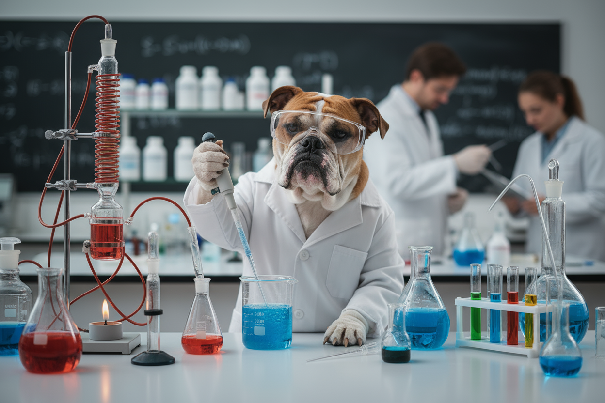 犬のブルドックが実験してる