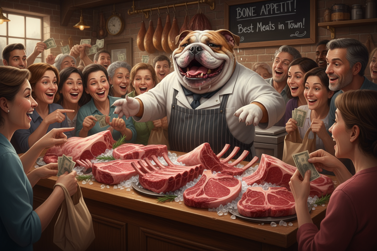 白衣を着たブルドックの店員が骨付き肉を売っていて、美味しそうな骨付き肉を買いに来てる人々が熱狂的群がり、売れすぎて、白衣を着たアイデア溢れるブルドックが笑顔でが汗をかいているリアルな画像