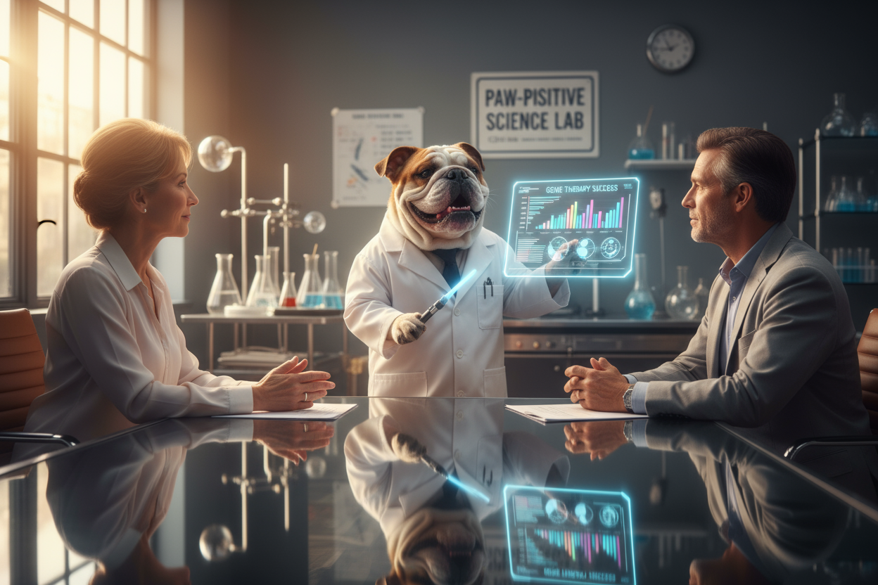 白衣を着たブルドックが実験の成功を願い笑顔で、クライアントと議論して諦めずに頑張っている画像