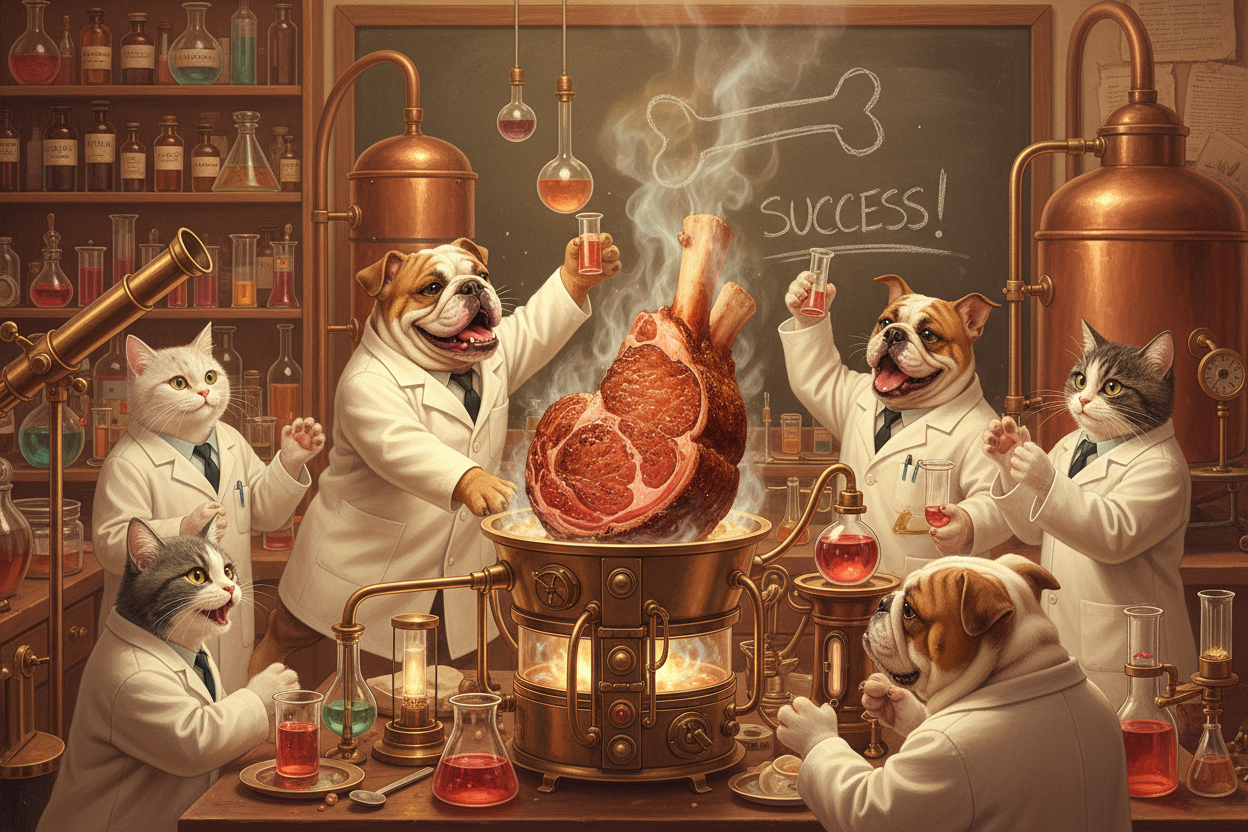 白衣を着たブルドックや白衣を着た猫がレトロな実験室で美味しい骨付き肉を作る実験が成功して熱狂している画像