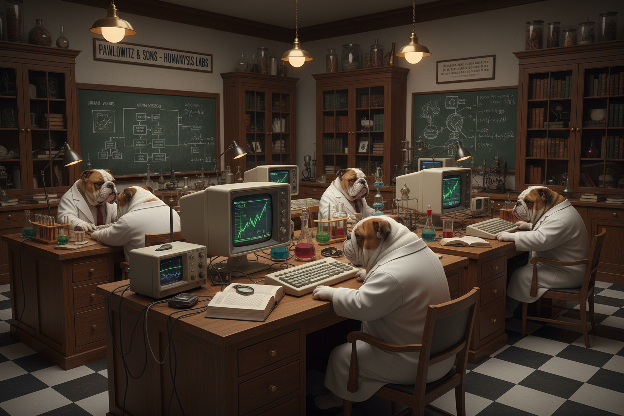 白衣を着たブルドックたちがレトロな研究室で画面を見ながら人のニーズを分析している