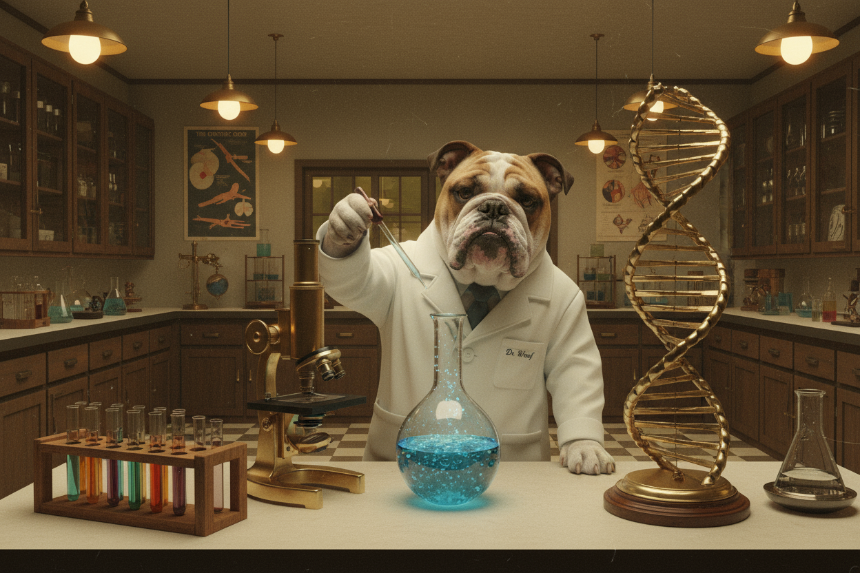 白衣を着たブルドックがレトロな実験でDNAと実験をしている