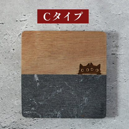 大理石と木のコースター1枚猫黒猫「木まぐれ(KIMAGURE)」スクエアおしゃれ木製雑貨ギフトプレゼントコップ置き木のコースター木製ウッド食器洋食器小物キッチン雑貨トレーカフェ風男性女性メンズレディース